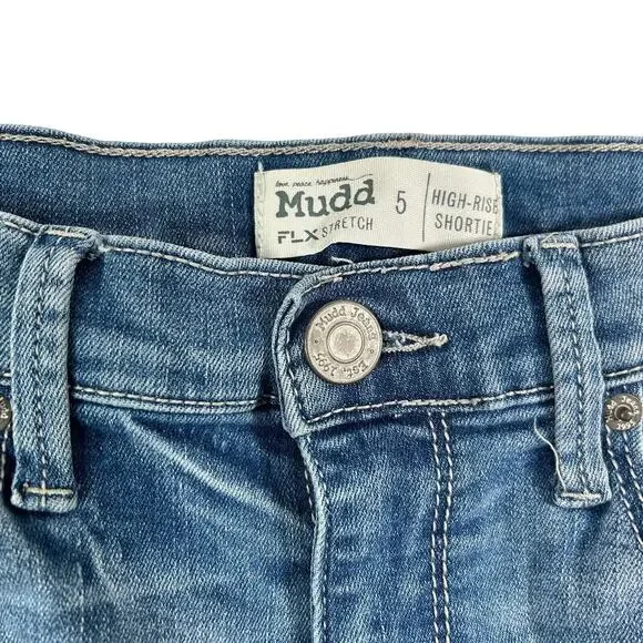 Mudd Jean Shorts 5 High Rise Shortie Floral Embroidered Frayed Raw Hem Stretch - Picture 2 of 13
